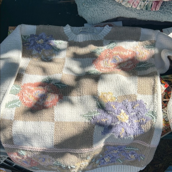Vintage 1980/1990 Karen Scott Floral Checkered Sweater - Picture 1 of 4
